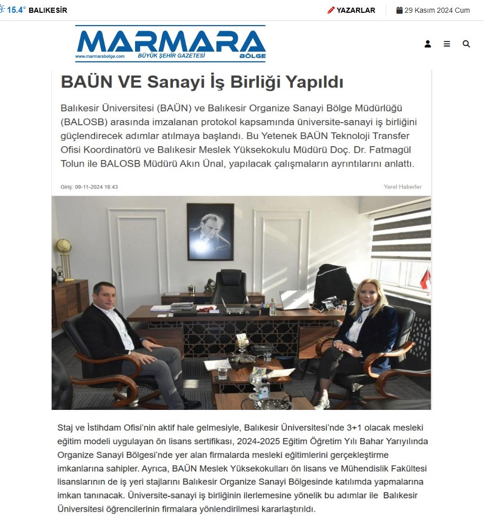 Balıkesir Üniversitesi (BAÜN) ve Balıkesir Organize Sanayi Bölge Müdürlüğü (BALOSB) arasında imzalanan protokol kapsamında adımlar atılmaya başlandı