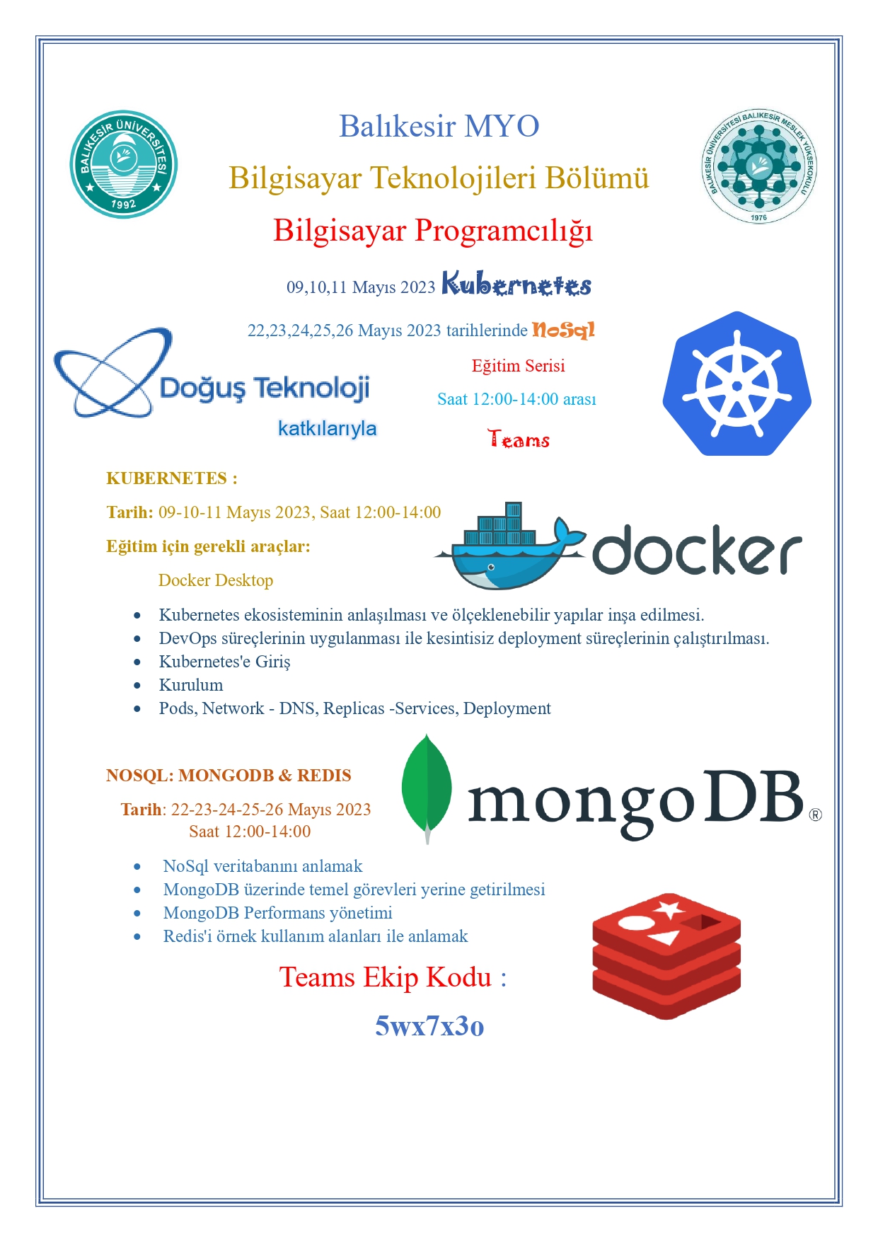 Bilgisayar Bölümü KUBERNETES ve NOSQL MONGODB-REDIS Eğitim Serisi Başlıyor
