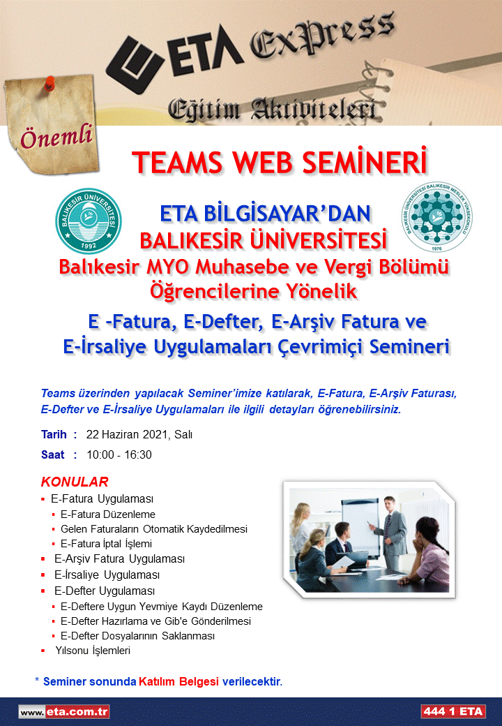 ETA Bilgisayardan E Fatura, E Defter, E Arşiv Fatura ve E İrsaliye Uygulamaları Konulu Çevrimiçi Etkinlik 