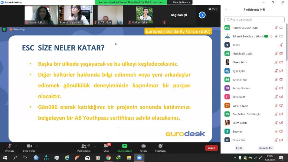 01.06.2021 Avrupa Gençlik Haftası Kapsamında Edremit Belediyesi Eurodesk İşbirliği ile Gençler İçin Avrupa Fırsatları Bilgilendirme Online Toplantısı