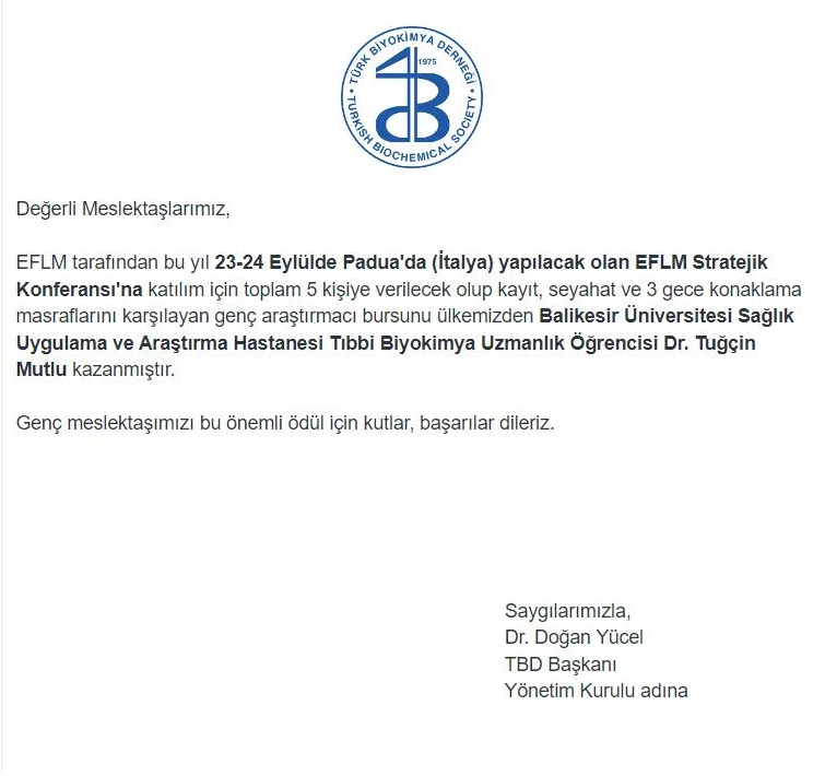 Fakültemiz Tıbbi Biyokimya Anabilim Dalı Arş. Gör. Dr. Tuğçin Mutlu Padua / İtalya’da düzenlenen, EFLM Stratejik Konferansı’nda Fakültemizi gururla temsil etti