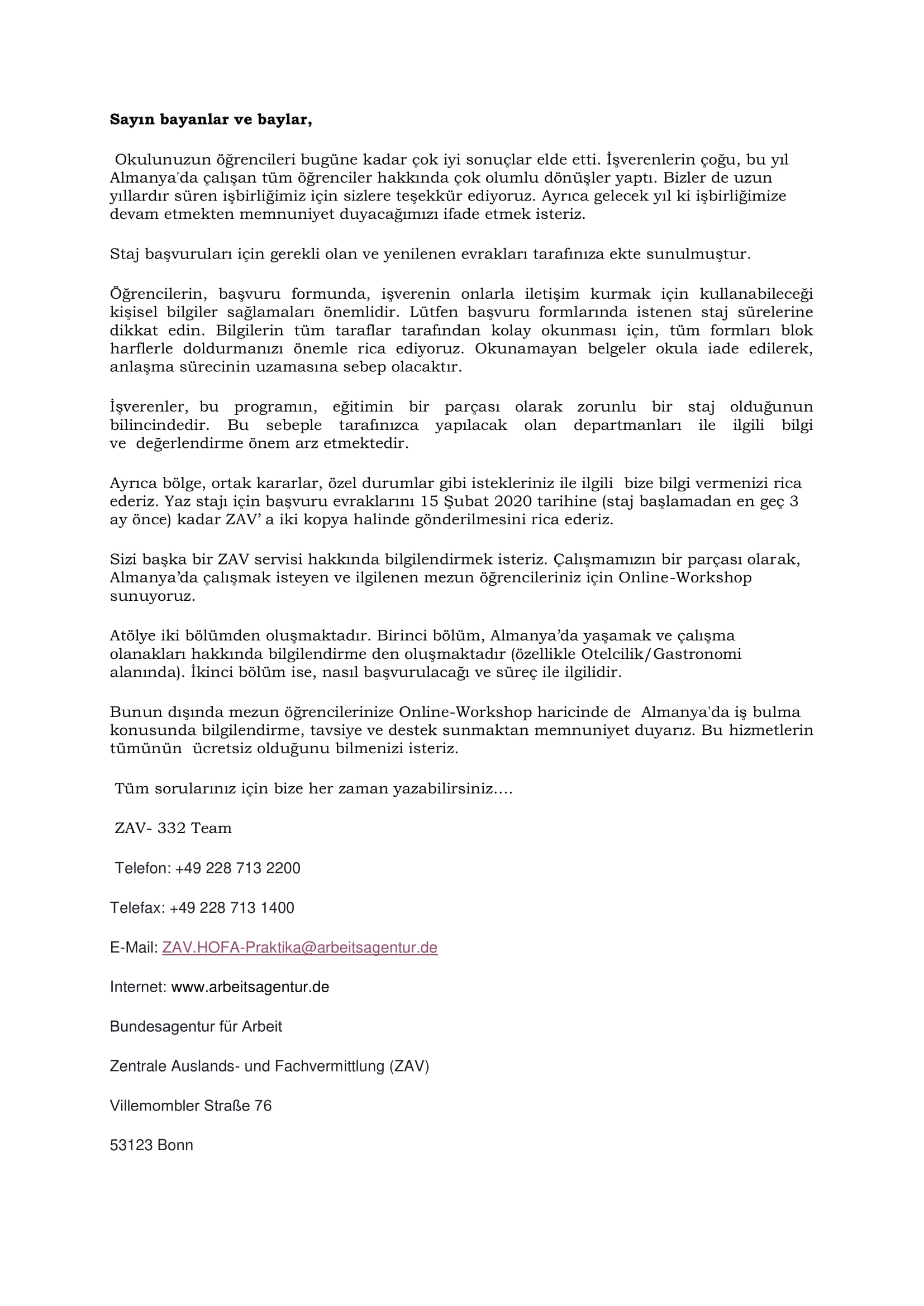 Almanya ZAV Programından Fakültemize Teşekkür Mektubu