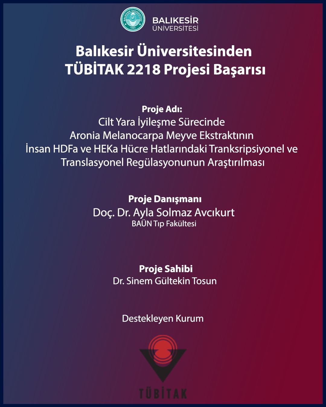 Fakültemizden Yeni Bir TÜBİTAK 2218 Projesi Başarısı Daha