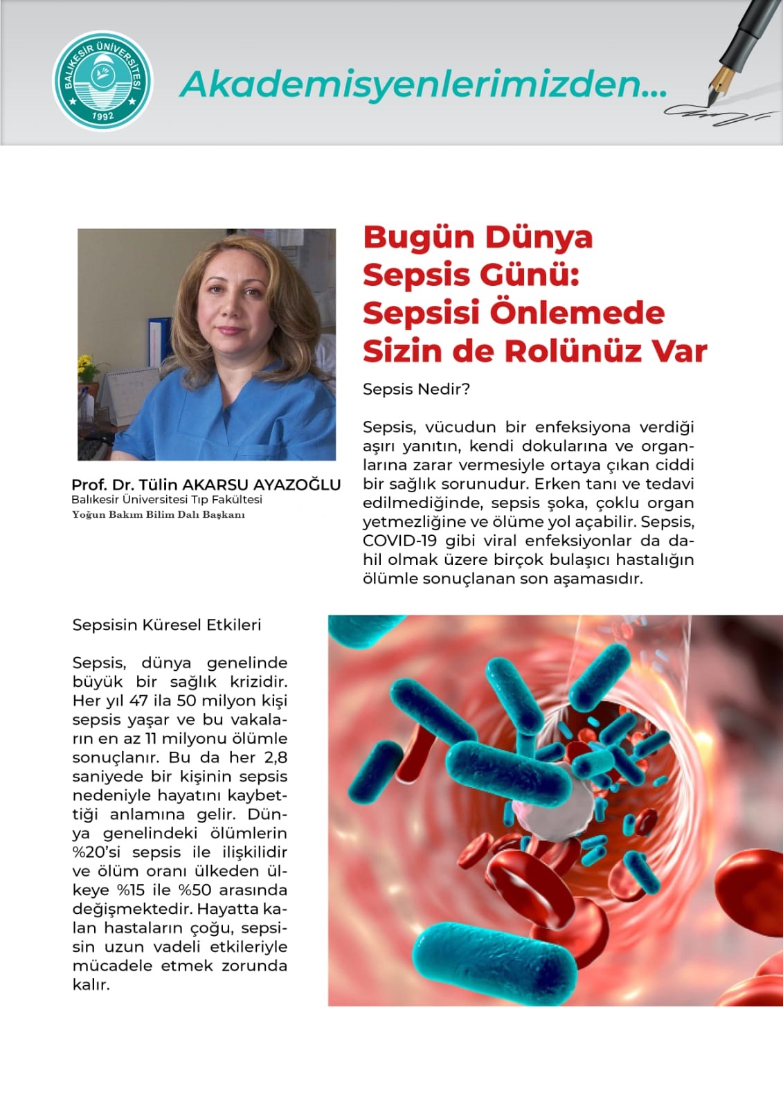 Akademisyenlerimizden: "Bugün Dünya Sepsis Günü: Sepsisi Önlemede Sizin de Rolünüz Var" / Prof. Dr. Tülin Akarsu Ayazoğlu / Tıp Fakültesi Yoğun Bakım Bilim Dalı Başkanı 2