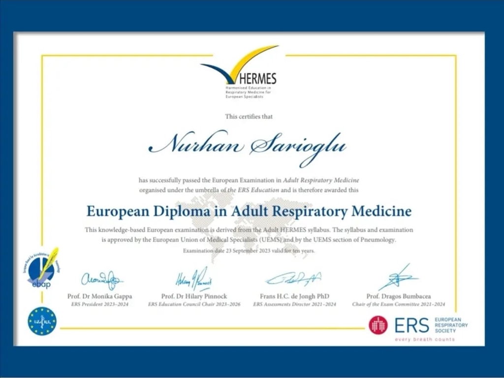 Fakültemiz Göğüs Hastalıkları Anabilim Dalı Öğretim Üyesi Prof. Dr. Nurhan Sarıoğlu European Diploma almaya hak kazandı