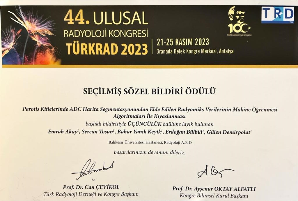 Fakültemiz Öğretim Üyeleri tarafından hazırlanan Arş.Gör.Dr. Sercan Tosun tarafından sunulan çalışma seçilmiş bildiriler kategorisinde 3.lük ödülünü aldı