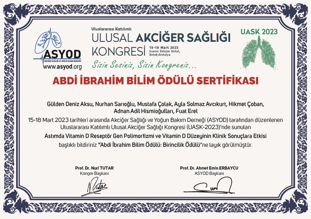 Fakültemiz Öğretim Üyeleri Uluslararası Katılımlı Ulusal Akciğer Sağlığı Kongresi kapsamında Abdi İbrahim Bilim Ödülü: Birincilik Ödülüne layık görüldü