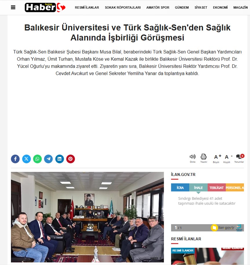 Balıkesir Üniversitesi ve Türk Sağlık-Sen'den Sağlık Alanında İşbirliği Görüşmesi