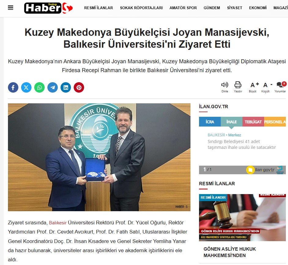 Kuzey Makedonya Büyükelçisi Joyan Manasijevski, Balıkesir Üniversitesi'ni Ziyaret Etti