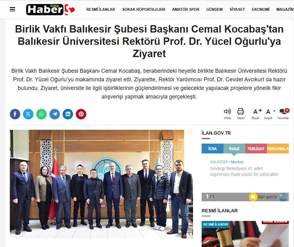 Birlik Vakfı Balıkesir Şubesi Başkanı Cemal Kocabaş'tan Balıkesir Üniversitesi Rektörü Prof. Dr. Yücel Oğurlu'ya Ziyaret