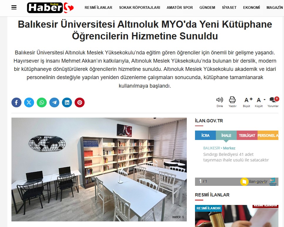 Balıkesir Üniversitesi Altınoluk MYO'da Yeni Kütüphane Öğrencilerin Hizmetine Sunuldu