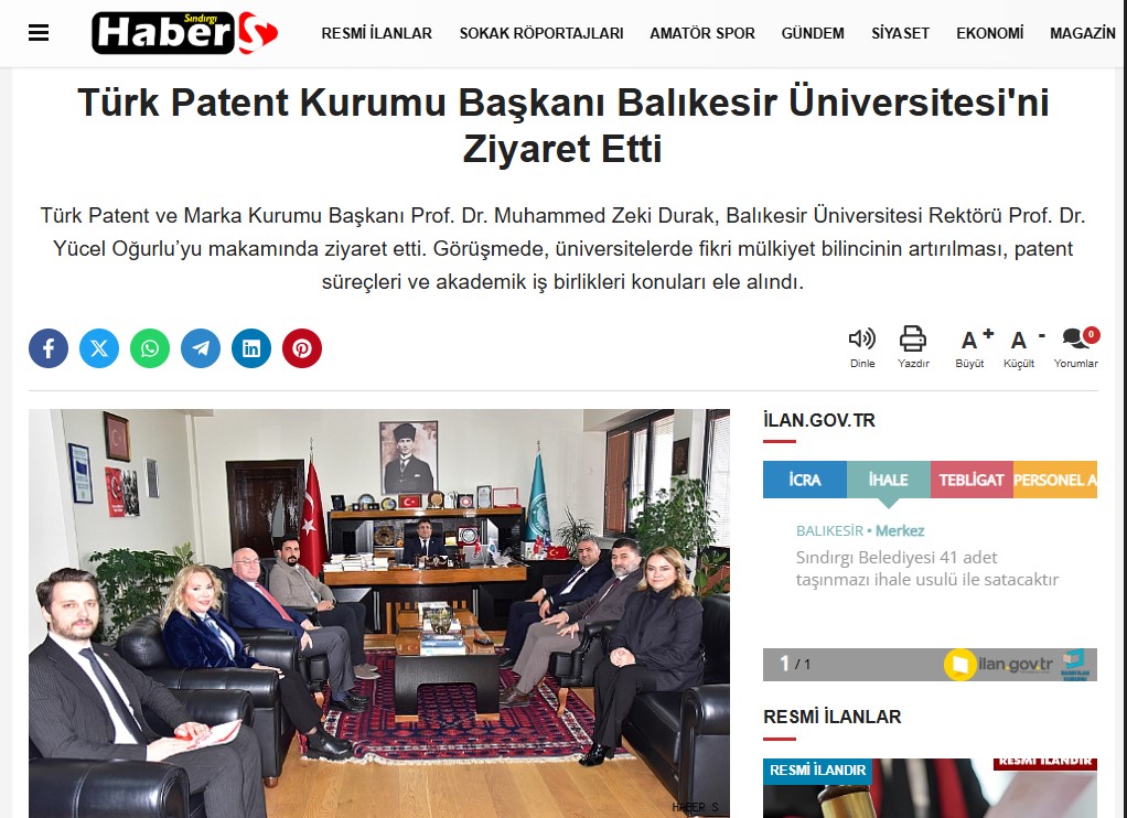 Türk Patent Kurumu Başkanı Balıkesir Üniversitesi'ni Ziyaret Etti