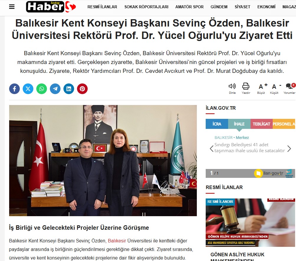Balıkesir Kent Konseyi Başkanı Sevinç Özden, Balıkesir Üniversitesi Rektörü Prof. Dr. Yücel Oğurlu'yu Ziyaret Etti