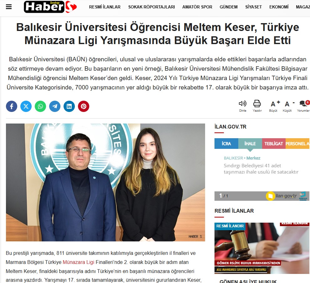 Balıkesir Üniversitesi Öğrencisi Meltem Keser, Türkiye Münazara Ligi Yarışmasında Büyük Başarı Elde Etti