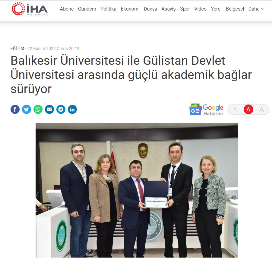 Balıkesir Üniversitesi ile Gülistan Devlet Üniversitesi Arasında Güçlü Akademik Bağlar Sürüyor