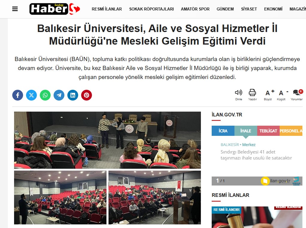 Balıkesir Üniversitesi, Aile ve Sosyal Hizmetler İl Müdürlüğü'ne Mesleki Gelişim Eğitimi Verdi
