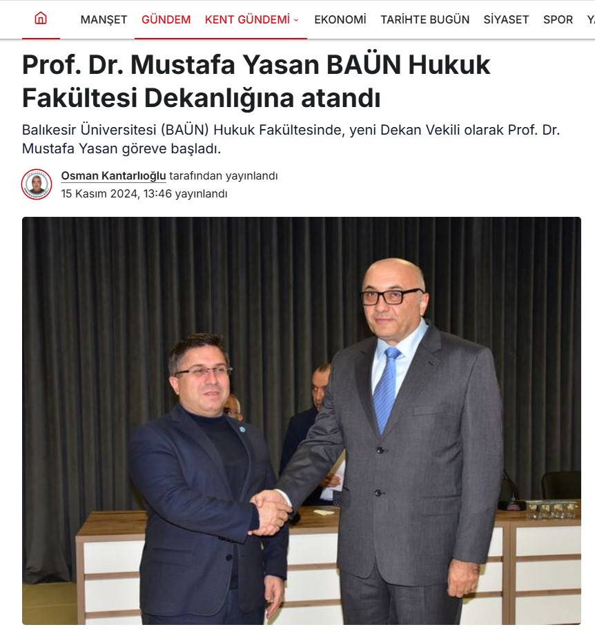 Prof. Dr. Mustafa Yasan BAÜN Hukuk Fakültesi Dekanlığına Atandı