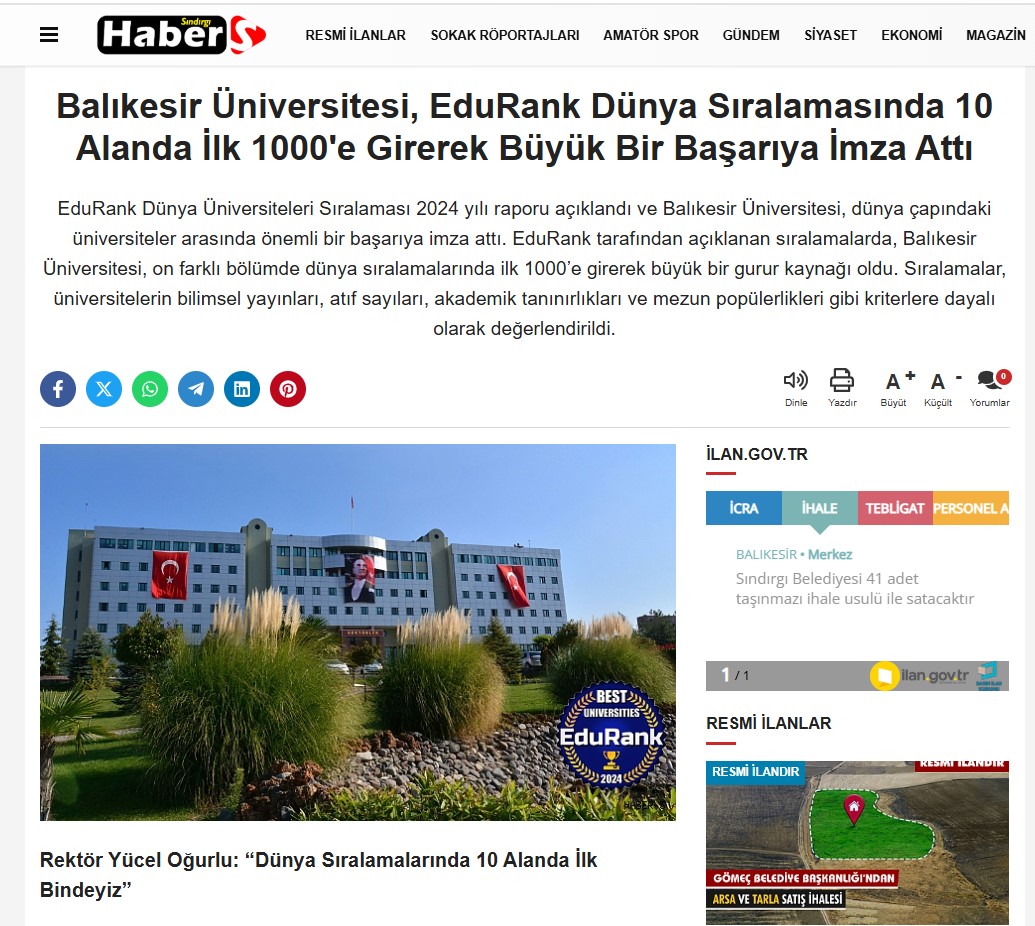Balıkesir Üniversitesi, EduRank Dünya Sıralamasında 10 Alanda İlk 1000'e Girerek Büyük Bir Başarıya İmza Attı