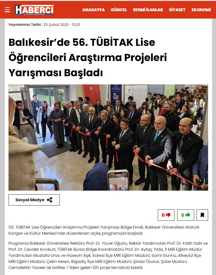 Balıkesir’de 56. TÜBİTAK Lise Öğrencileri Araştırma Projeleri Yarışması Başladı