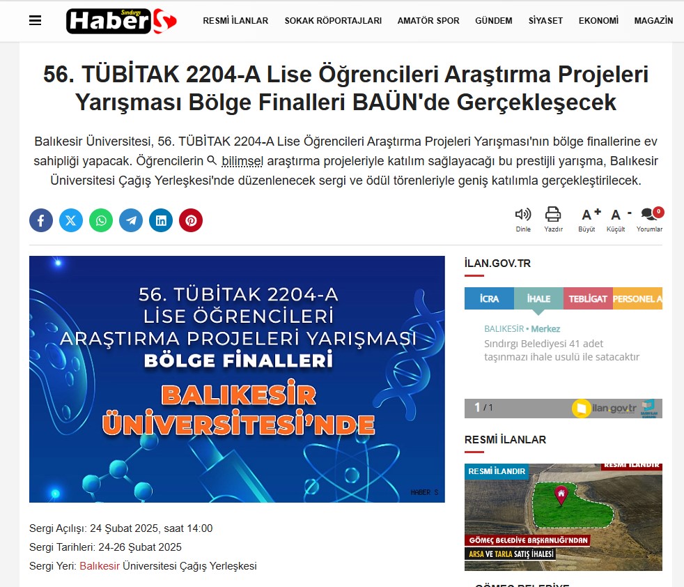 56. TÜBİTAK 2204-A Lise Öğrencileri Araştırma Projeleri Yarışması Bölge Finalleri BAÜN'de Gerçekleşecek