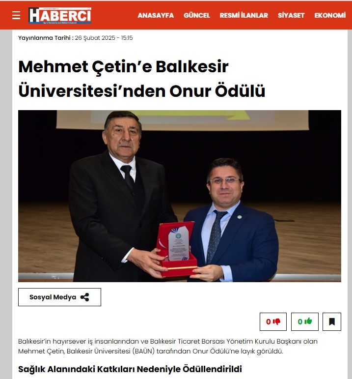 Mehmet Çetin’e Balıkesir Üniversitesi’nden Onur Ödülü