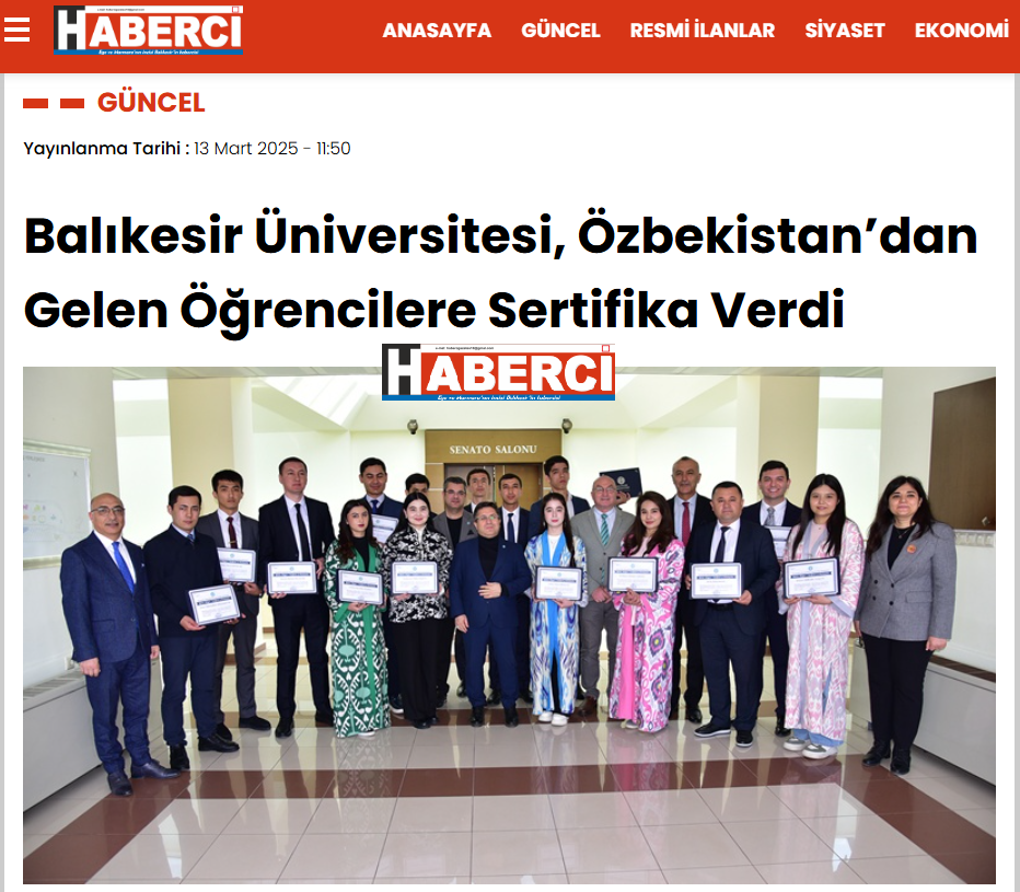 Balıkesir Üniversitesi, Özbekistan’dan Gelen Öğrencilere Sertifika Verdi