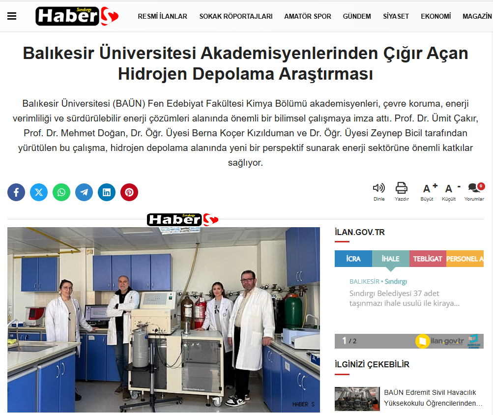Bilim ve Teknoloji Yayınlanma: 09 Mart 2025 - 15:12 Balıkesir Üniversitesi Akademisyenlerinden Çığır Açan Hidrojen Depolama Araştırması