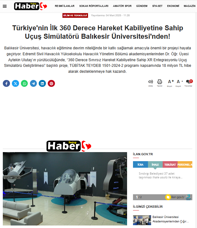 Türkiye'nin İlk 360 Derece Hareket Kabiliyetine Sahip Uçuş Simülatörü Balıkesir Üniversitesi'nden!
