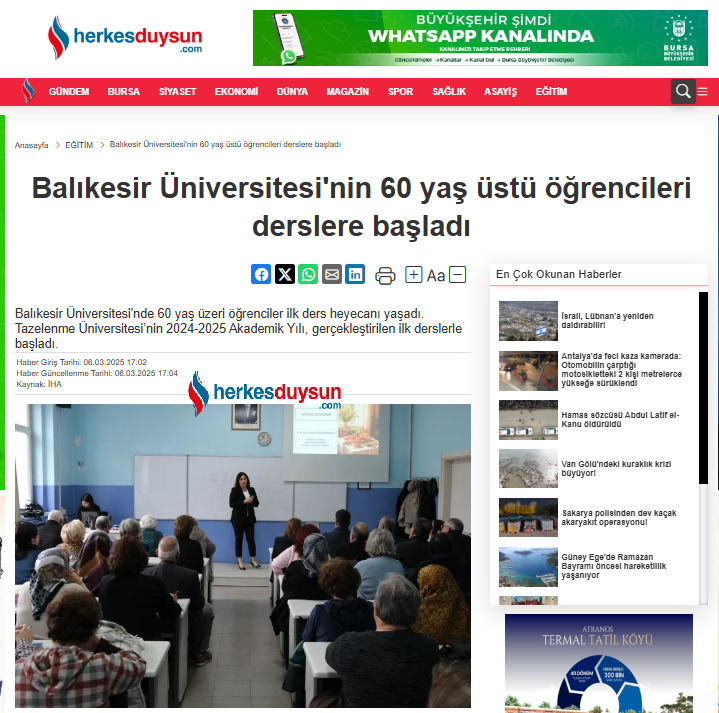 Balıkesir Üniversitesi'nin 60 yaş üstü öğrencileri derslere başladı