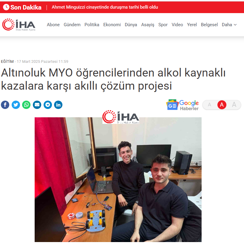 Altınoluk MYO öğrencilerinden alkol kaynaklı kazalara karşı akıllı çözüm projesi.