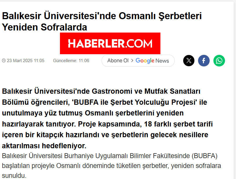 Balıkesir Üniversitesi'nde Osmanlı Şerbetleri Yeniden Sofralarda.