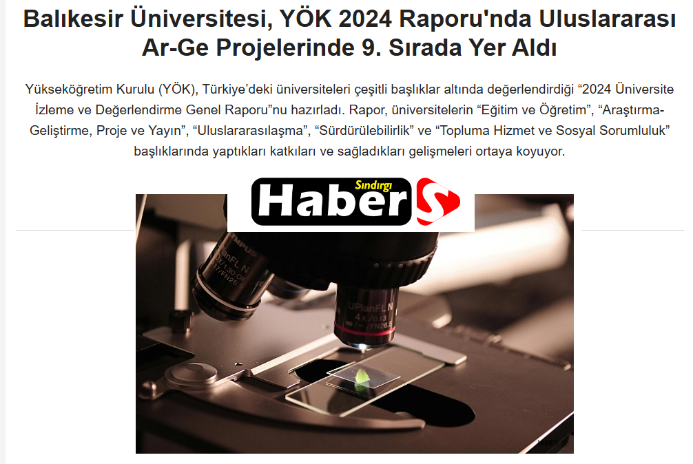 Balıkesir Üniversitesi, YÖK 2024 Raporu'nda Uluslararası Ar-Ge Projelerinde 9. Sırada Yer Aldı.