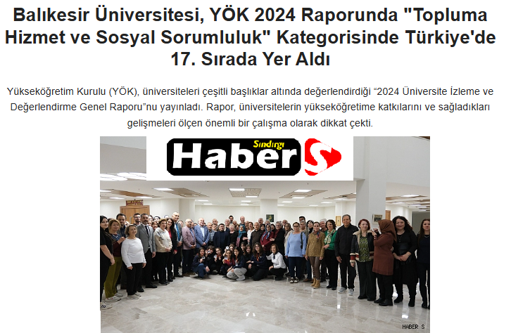Balıkesir Üniversitesi, YÖK 2024 Raporunda "Topluma Hizmet ve Sosyal Sorumluluk" Kategorisinde Türkiye'de 17. Sırada Yer Aldı.