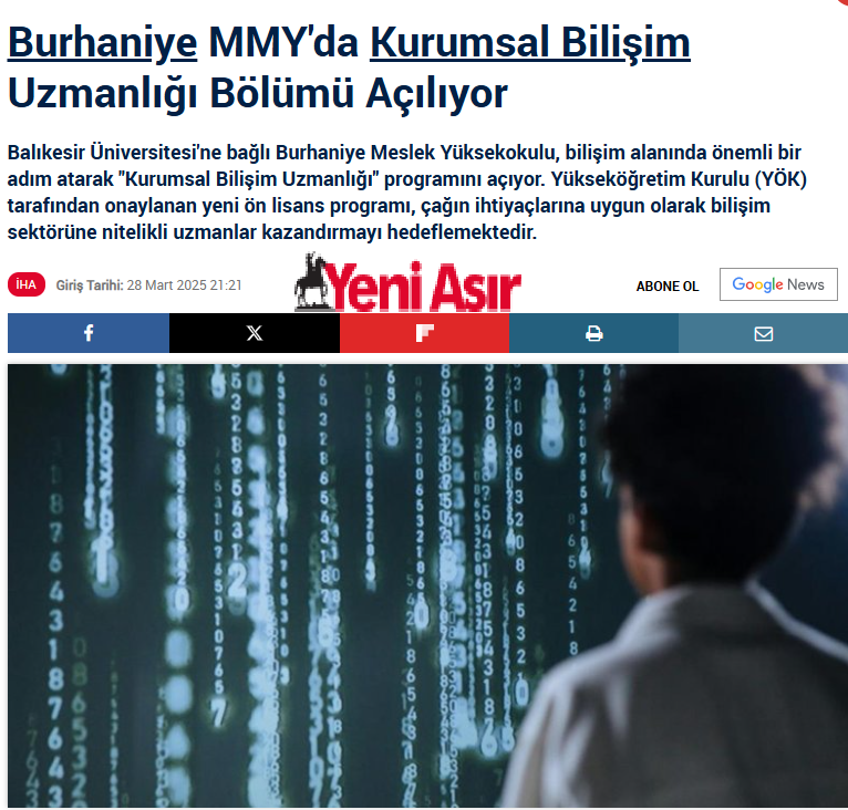 Burhaniye MMY'da Kurumsal Bilişim Uzmanlığı Bölümü Açılıyor.