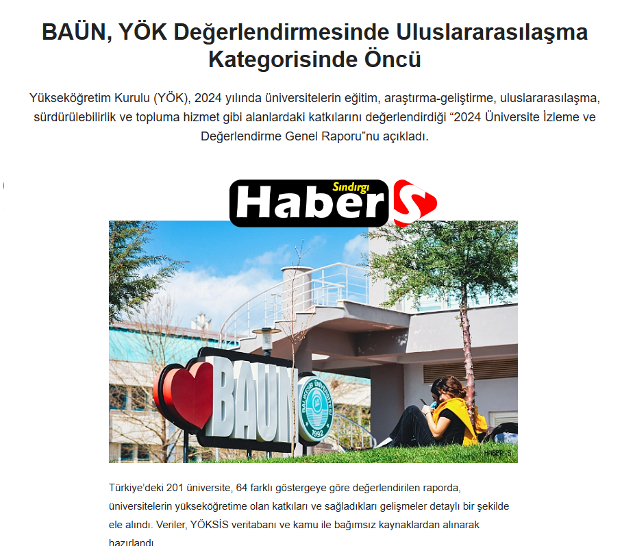 BAÜN, YÖK Değerlendirmesinde Uluslararasılaşma Kategorisinde Öncü.