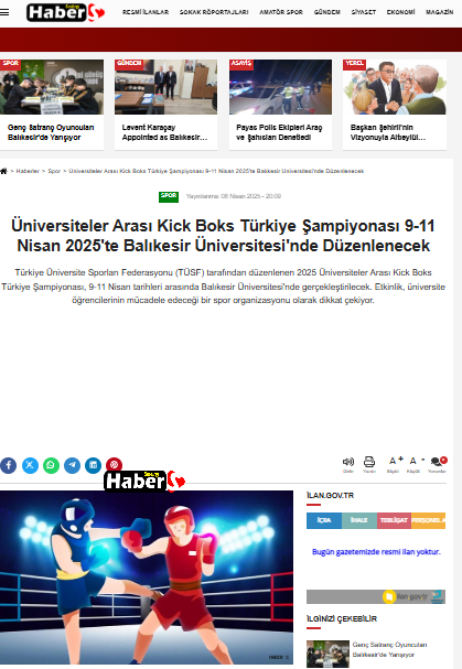 Üniversiteler Arası Kick Boks Türkiye Şampiyonası 9-11 Nisan 2025'te Balıkesir Üniversitesi'nde Düzenlenecek