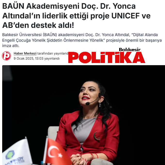 BAÜN Akademisyeni Doç. Dr. Yonca Altındal’ın liderlik ettiği proje UNICEF ve AB’den destek aldı!
