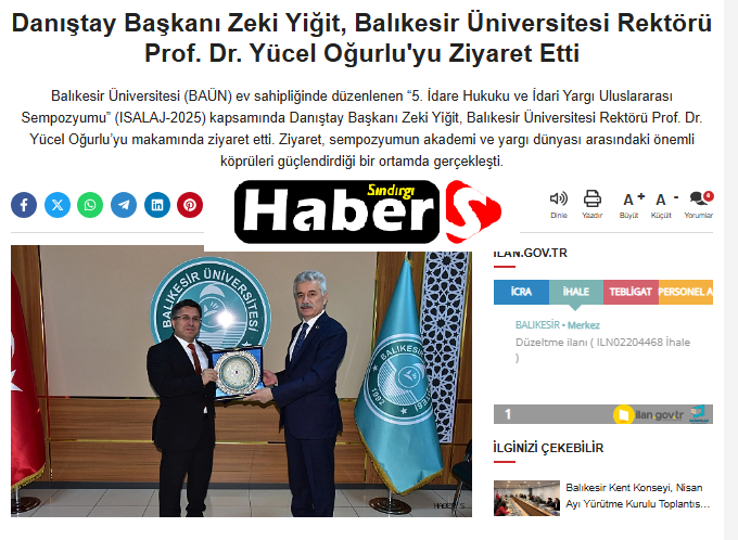 Danıştay Başkanı Zeki Yiğit, Balıkesir Üniversitesi Rektörü Prof. Dr. Yücel Oğurlu'yu Ziyaret Etti