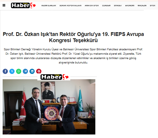 Prof. Dr. Özkan Işık'tan Rektör Oğurlu'ya 19. FIEPS Avrupa Kongresi Teşekkürü