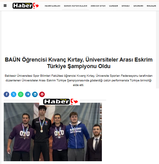 BAÜN Öğrencisi Kıvanç Kırtay, Üniversiteler Arası Eskrim Türkiye Şampiyonu Oldu