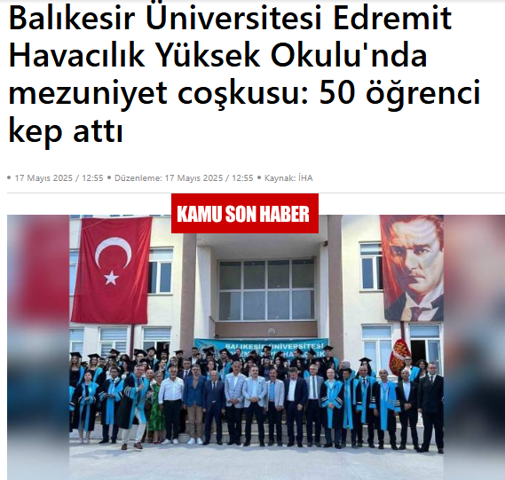 Balıkesir Üniversitesi Edremit Havacılık Yüksek Okulu'nda mezuniyet coşkusu: 50 öğrenci kep attı.