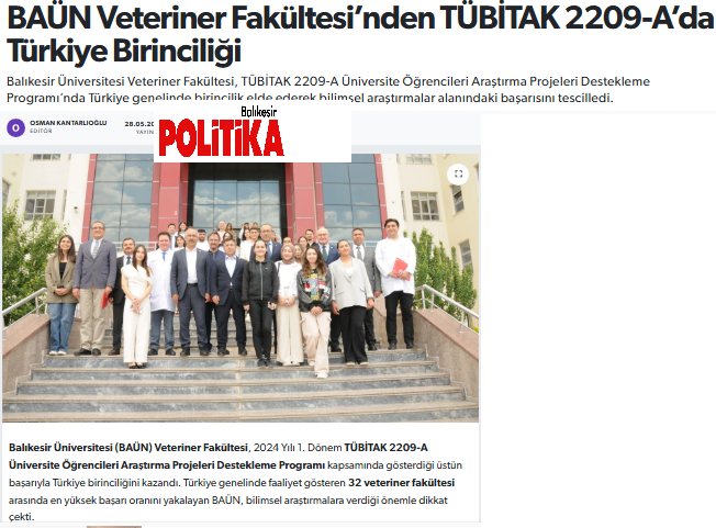 BAÜN Veteriner Fakültesi’nden TÜBİTAK 2209-A’da Türkiye Birinciliği.