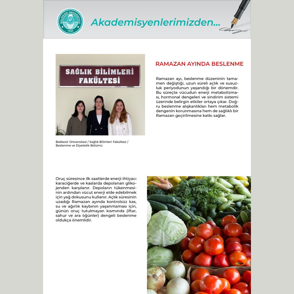 Akademisyenlerimizden: "Ramazan Ayında Beslenme Sağlık Bilimleri Fakültesi/Beslenme ve Diyetetik Bölümü 2