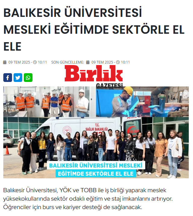 BALIKESİR ÜNİVERSİTESİ MESLEKİ EĞİTİMDE SEKTÖRLE EL ELE