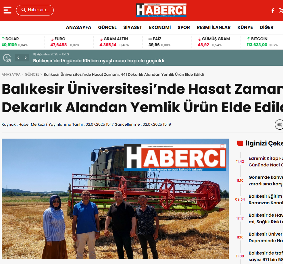 Balıkesir Üniversitesi'nde Hasat Zamanı: 441 Dekarlık Alanda Yemlik Ürün Elde Edildi