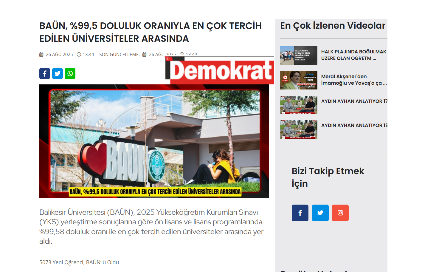 BAÜN, %99,5 DOLULUK ORANIYLA EN ÇOK TERCİH EDİLEN ÜNİVERSİTELER ARASINDA