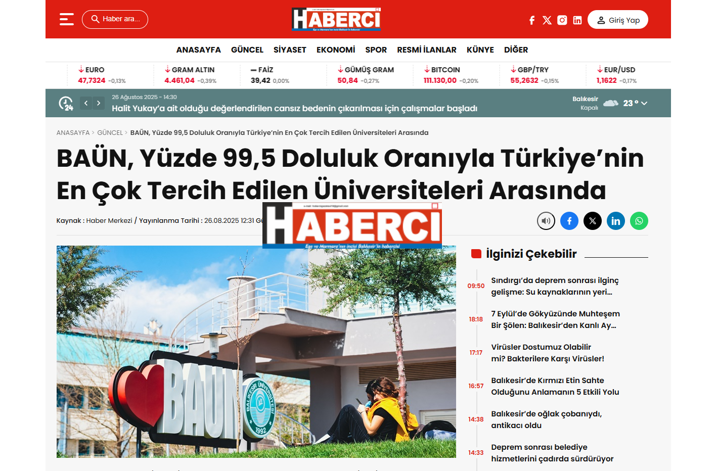 BAÜN, %99,5 DOLULUK ORANIYLA EN ÇOK TERCİH EDİLEN ÜNİVERSİTELER ARASINDA