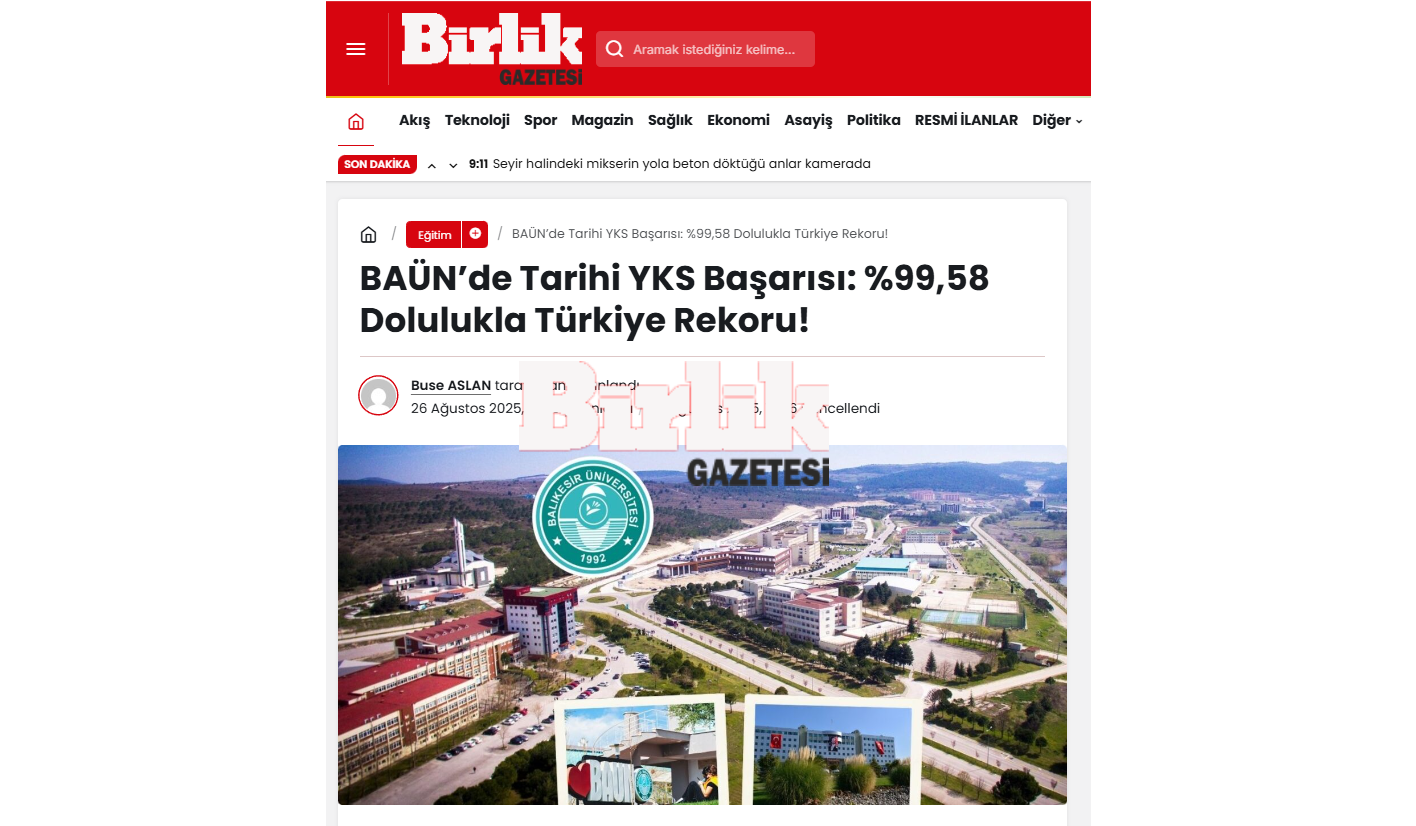 BAÜN’de Tarihi YKS Başarısı: %99,58 Dolulukla Türkiye Rekoru!