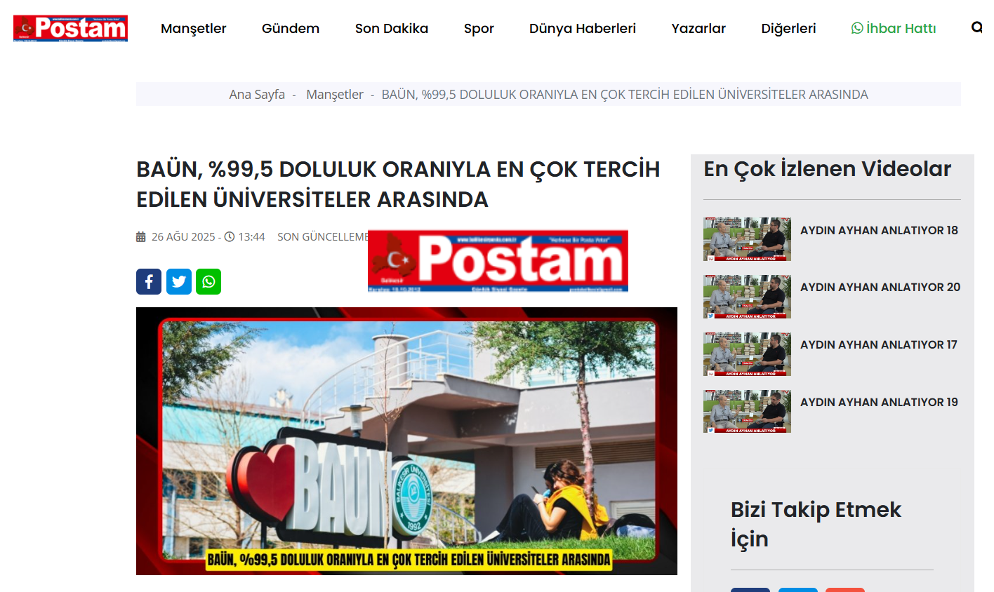 BAÜN, %99,5 DOLULUK ORANIYLA EN ÇOK TERCİH EDİLEN ÜNİVERSİTELER ARASINDA
