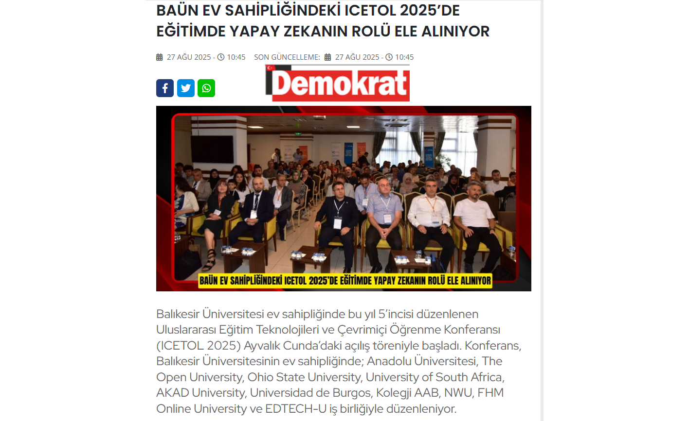 BAÜN EV SAHİPLİĞİNDEKİ ICETOL 2025’DE EĞİTİMDE YAPAY ZEKANIN ROLÜ ELE ALINIYOR